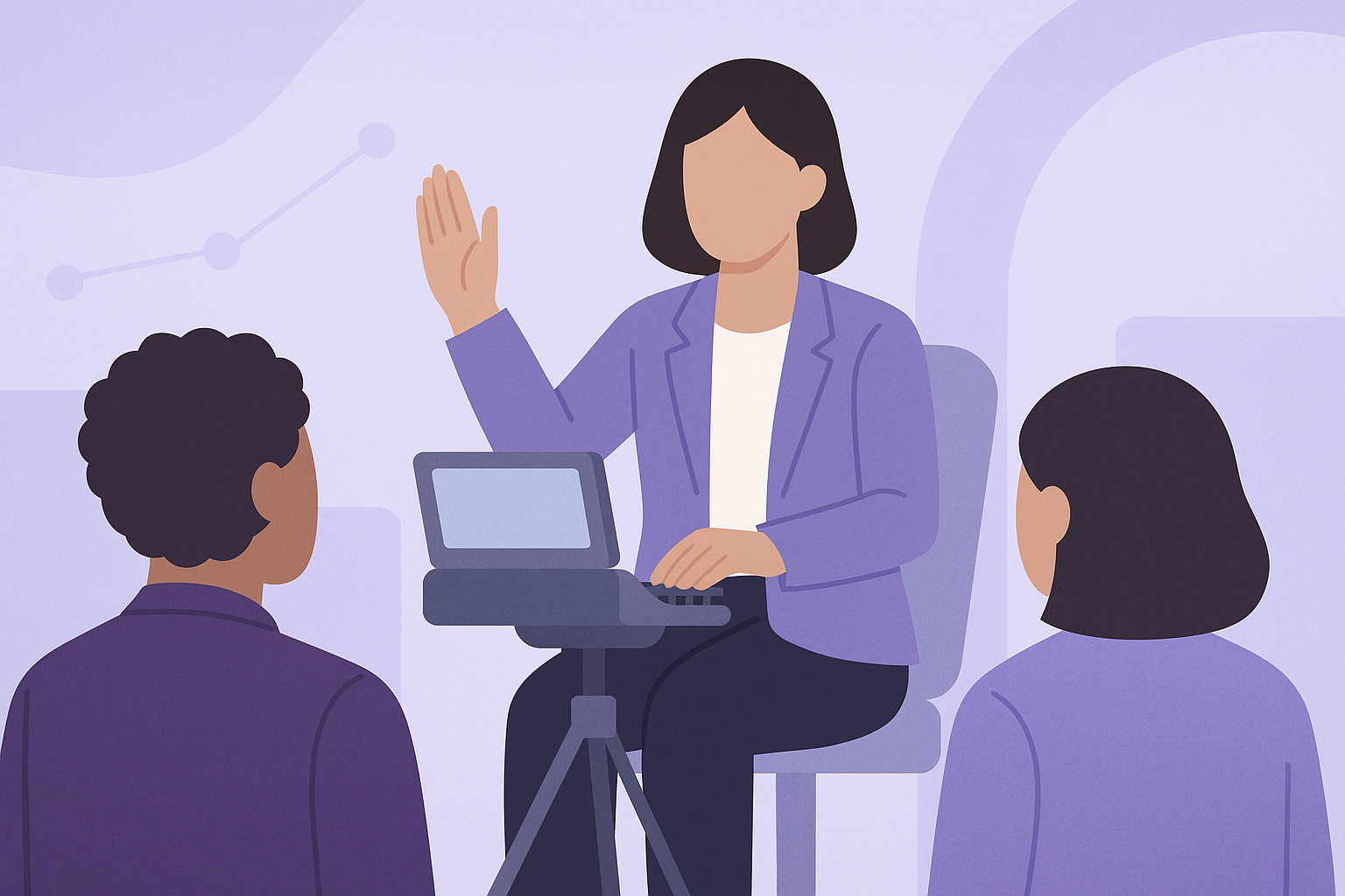 Faceless, professional court reporter wearing a blazer, seated at a modern steno machine with a visible screen, confidently gesturing for quiet in a deposition room. Soft, tech-inspired background in on-brand purple and gray tones, symbolizing accuracy and authority.