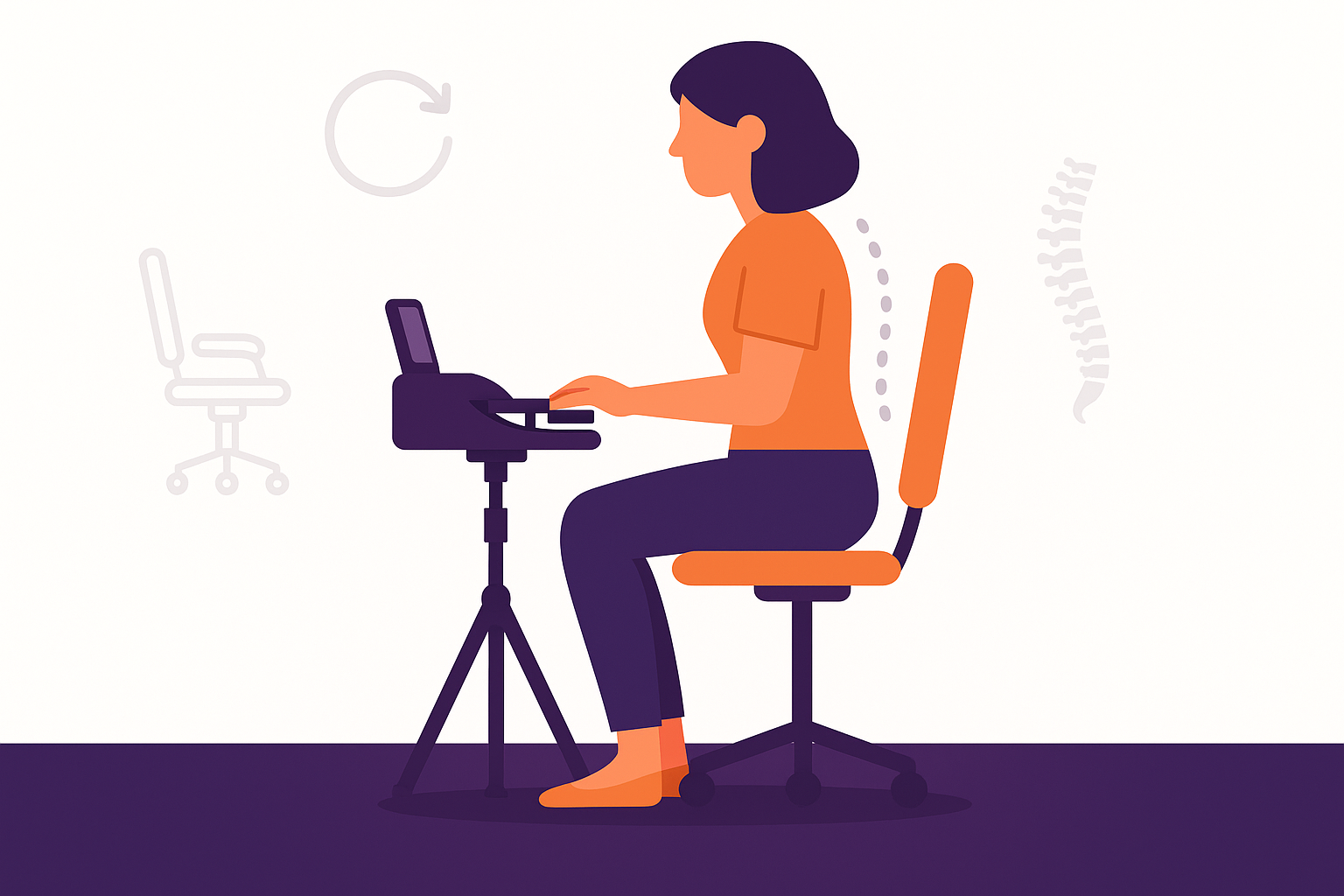 Illustration of good posture and steno machine setup — ergonomics for stenographers