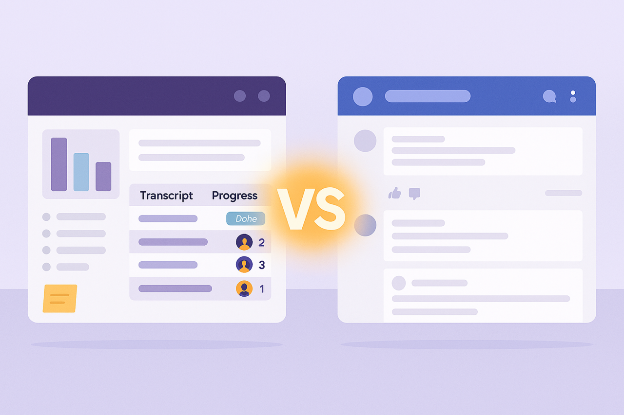 Side-by-side illustration of a Stenovate project management screen and a Facebook feed interface, separated by a glowing “VS” symbol, highlighting the contrast between professional collaboration tools and social media.